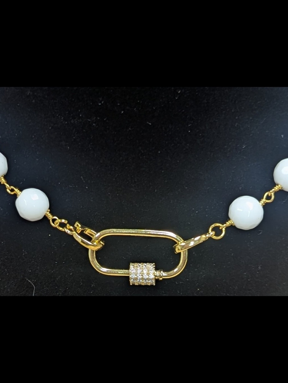 White Jade Faceted Necklace Gold Carabiner CZ Pave Layering Necklace - Picture 4 of 6